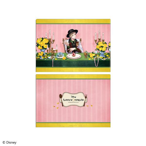 Front and back mockup of the clear file showing Vil Schoenheit seated at a table with yellow flowers on a pink striped background.