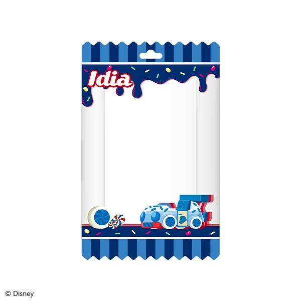 Front view of the clear plastic pouch for Twisted Wonderland character Idia Shroud shown in blue-striped packaging with candy and toy car decorations.
