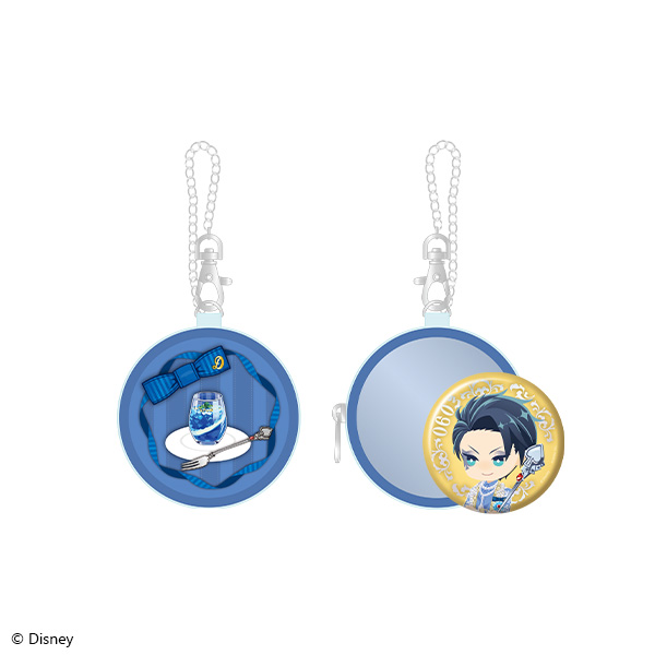 Front and back views of a circular blue window pouch with a keychain, showing the decorative front design and the included character can badge attached to the back.
