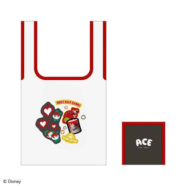 White eco bag with red trim showing Ace Trappola-themed sticker graphics on the front and a small folded view with the text "ACE".
