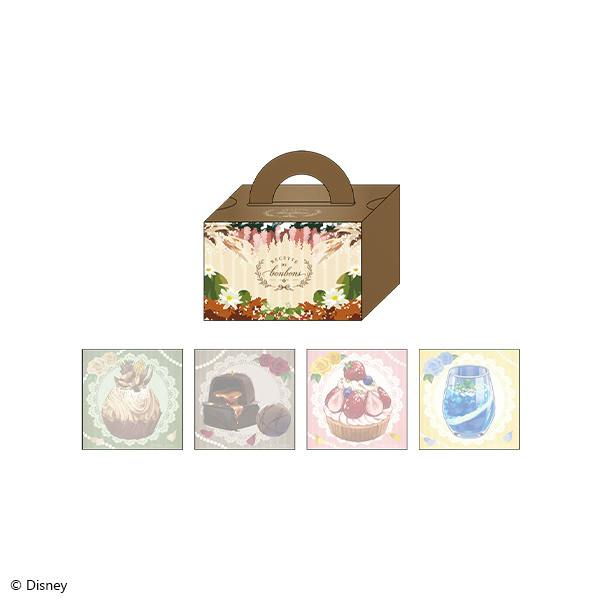 Illustration of a gateau-case style decorative box with four square dessert-themed memo pad designs displayed below.