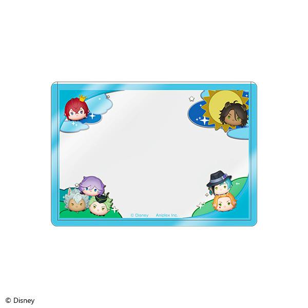 Rectangular hard plastic card case mockup with a blue border and chibi character illustrations around the edges.