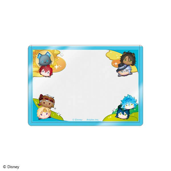 Hard plastic card case for "Disney Twisted Wonderland" with a blue border and small chibi character illustrations in the corners around a white center.