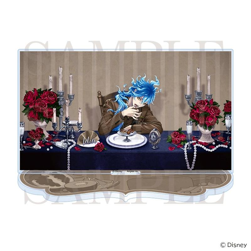 A rectangular acrylic stand featuring Idia Shroud seated at a candlelit table with blue hair, roses, pearls, and a decorative base.