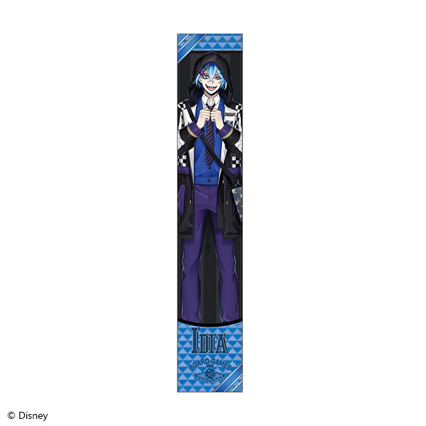 A long vertical microfiber muffler towel showing a full-body illustration of Idia Shroud from Twisted Wonderland on a blue patterned background.