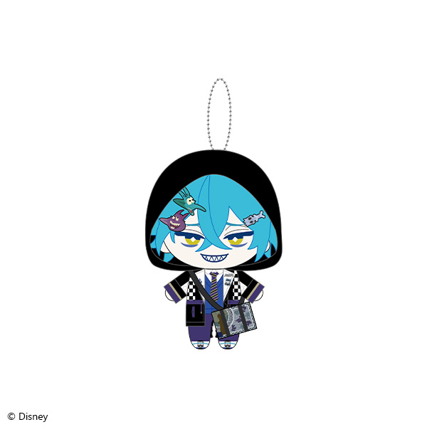 Front-view illustration of the Disney Twisted Wonderland mini plush keychain of Idia Shroud (Club Wear ver.), showing the blue‑haired character in a black hood with a ball‑chain attachment.
