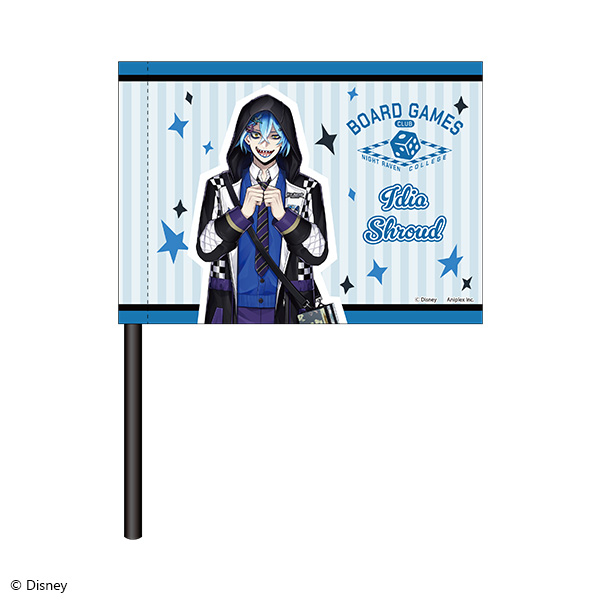 Mini tapestry flag showing Idia Shroud character illustration on a light-blue striped background with a black pole.
