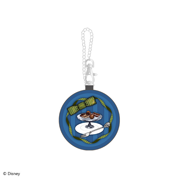 Round blue Window Pouch with a chain attachment showing a dessert-on-plate motif on the front, from the Disney Twisted-Wonderland (イデア・シュラウド) product.