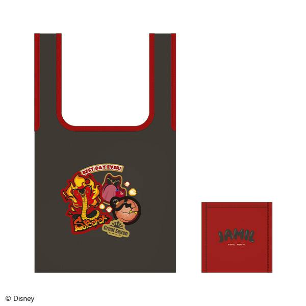 Front view of the Jamil Viper eco bag showing a dark body with red trim, a character-themed graphic, and a small folded pouch labeled "JAMIL".