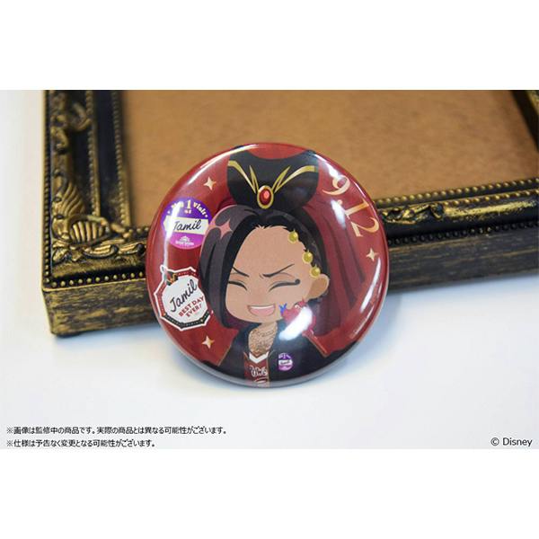 Photo of a round red can badge featuring the Twisted Wonderland character Jamil Viper with a stylized illustration, shown resting against a decorative frame.