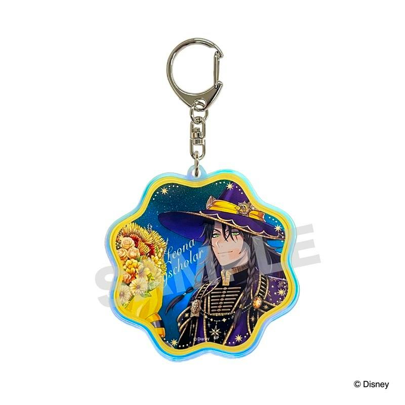 Acrylic keychain showing Leona from Disney Twisted-Wonderland in a purple hat holding a bouquet, attached to a metal key ring.