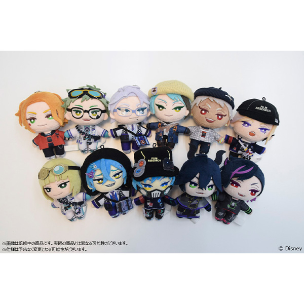 Photo of several 'ディズニー ツイステッドワンダーランド' mini plush toys (Club Wear ver.) arranged on a white background.