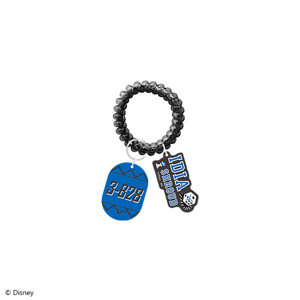 A beaded keyring holding two acrylic locker-style charms, one blue oval tag and one black tag reading “IDIA SHROUD”.