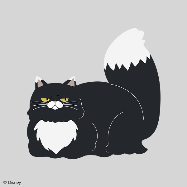 Front view illustration of the black-and-white cat mini cushion with yellow eyes on a gray background.