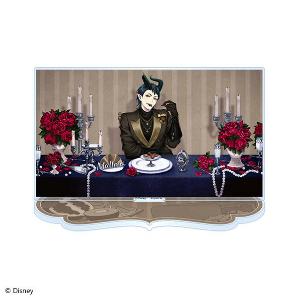 Acrylic stand of Malleus Draconia seated at a table with roses, candles, and a decorative shaped base.