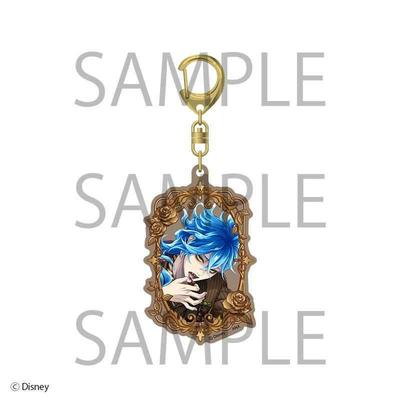 Matte acrylic keychain charm showing the character Idea Shroud with blue hair inside a decorative frame and attached gold lobster clasp.