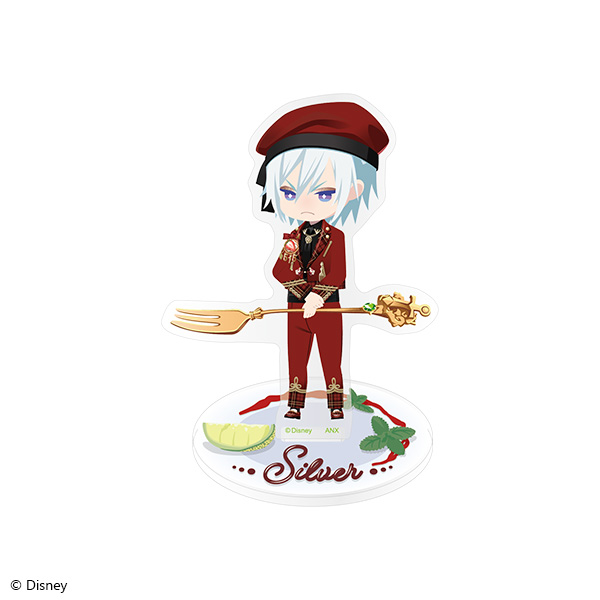 Mini acrylic stand of Silver from Disney Twisted-Wonderland showing the chibi character in a red outfit holding a long fork-like prop mounted on a base labeled “Silver”.