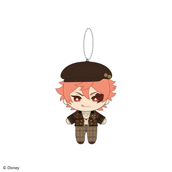 Front view of the Ace Trappola mini plush keychain (La Bonbonniere ver.) showing a chibi character with pink hair, brown beret, and brown outfit on a ball chain.