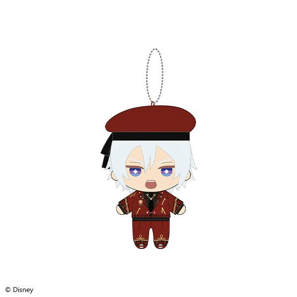 Front view of the Silver chibi plush keychain wearing a red outfit and beret with a ball chain attached.
