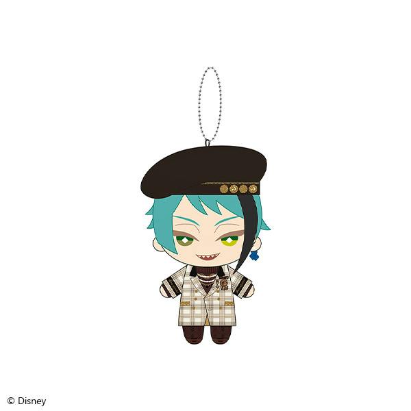 Front view of the Jade Leech mini plush keychain (La Bonbonniere ver.) showing the character wearing a beret and plaid coat with a ball chain.