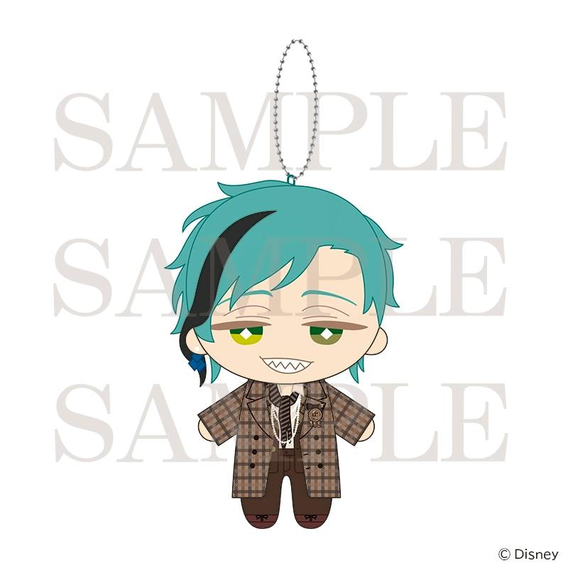 Illustration of the Floyd Leech mini plush (La Bonbonniere ver.) keychain showing a chibi plush with teal hair, green eyes, checked coat, and a ball chain.