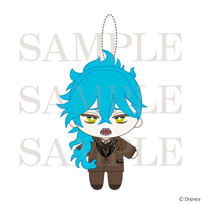 Front-facing illustration of the Disney Twisted Wonderland mini plush keychain of イデア・シュラウド (La Bonbonnière ver.), showing the chibi plush with blue hair, yellow eyes, brown striped suit, and attached ball chain.
