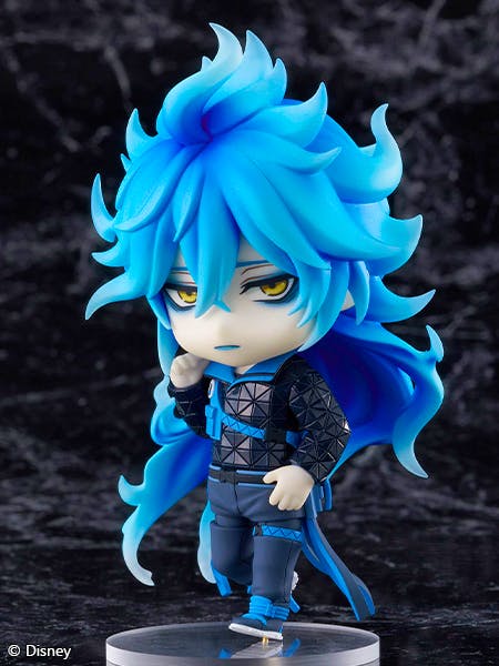 Front view of the Nendoroid figure イデア・シュラウド from 『ディズニー ツイステッドワンダーランド』 showing the blue‑haired character standing on a clear display base.