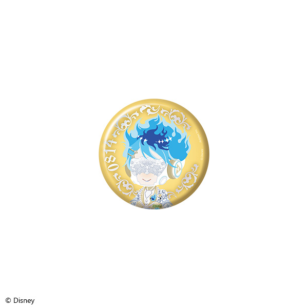 Round can badge showing the illustrated character Ortho Shroud from Disney Twisted Wonderland with blue hair on a decorative gold background.