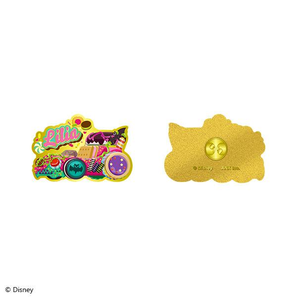 Front and back views of a colorful Disney Twisted Wonderland pin showing the Lilia design and its gold-colored backing.