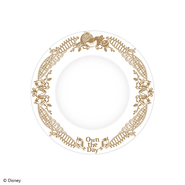 White porcelain plate shown flat with a gold decorative spring-themed border and the words "Own the Day" on the rim.