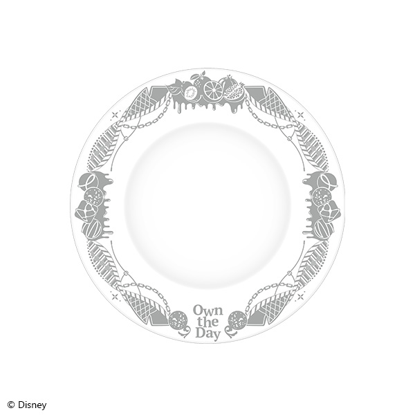 White round porcelain plate with a decorative winter-themed border and the words "Own the Day" on the rim.