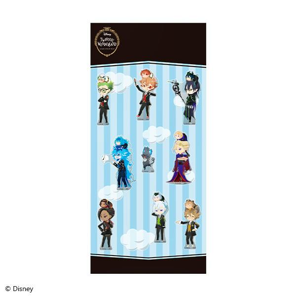 A paper sticker sheet featuring chibi-style characters from Disney Twisted Wonderland on a blue striped background.