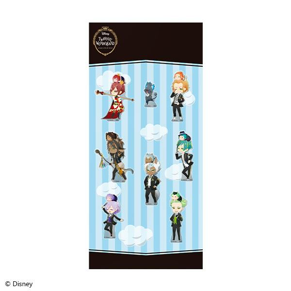 A sticker sheet showing chibi-style characters from Disney Twisted Wonderland on a blue striped background.