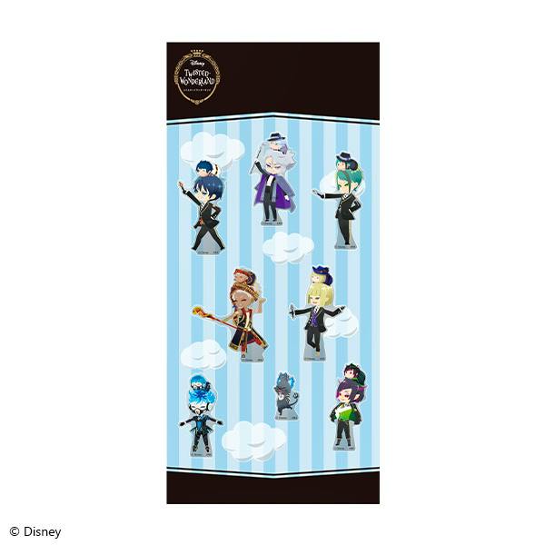 A sticker sheet for Disney Twisted Wonderland showing chibi character stickers arranged on a blue striped background with clouds.