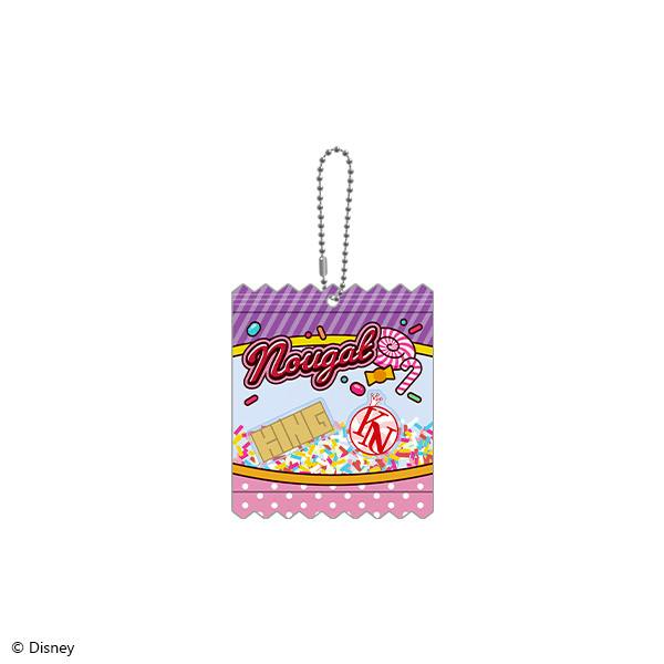 Square plastic keychain charm with candy-themed printed design and attached ball chain shown on a white background.
