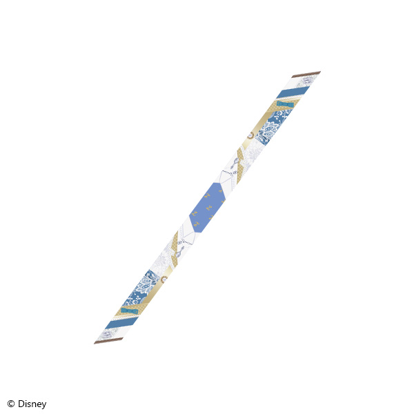 Long narrow ribbon scarf in blue, white, and gold patterned print shown on a white background.