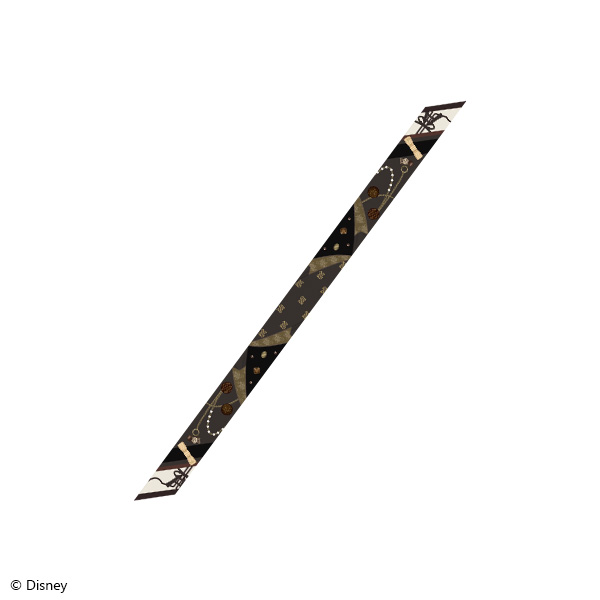 A narrow polyester ribbon scarf (Twisted Wonderland La Bonbonnière ver., Malleus Draconia) with a dark patterned print laid flat on a white background.