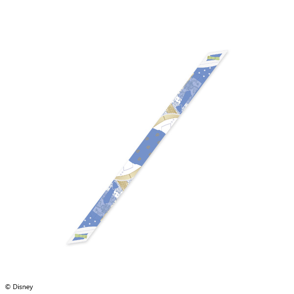 A narrow ribbon-style scarf with blue, white, and gold patterned design laid flat on a white background.