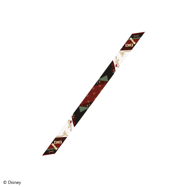 Ribbon scarf laid diagonally on a white background showing a burgundy, black, and white patterned design.