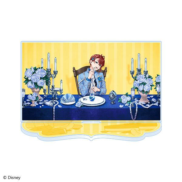 Acrylic stand of Riddle Roseheart showing him seated at a table with blue roses and candelabras.