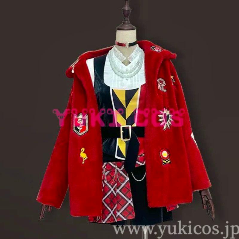 Mannequin displaying the Riddle cosplay costume: red emblem-decorated coat over vest, belt, and skirt.