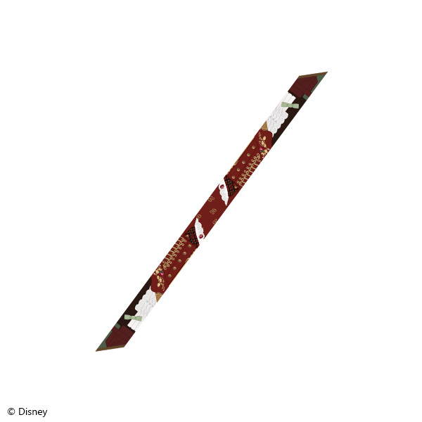 A long narrow ribbon scarf with a red patterned design and pointed ends shown on a white background.