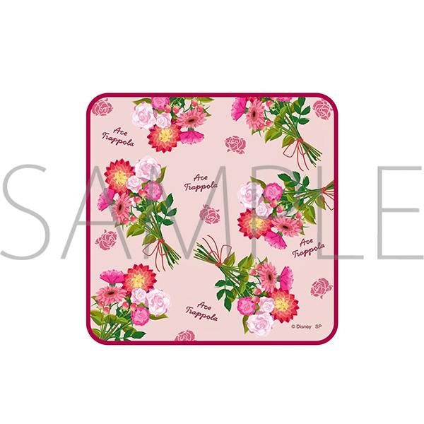 Square pink handkerchief design showing repeated bouquets of flowers with the name "Ace Trappola" printed across the pattern.