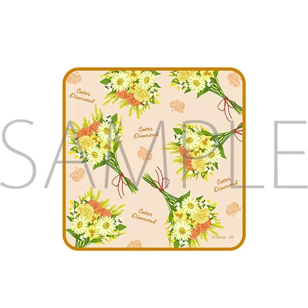 Square polyester handkerchief showing a repeating yellow-and-white bouquet floral pattern on a peach background with a rounded orange border.