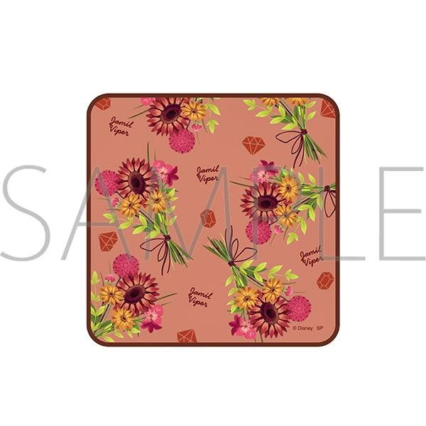 Square handkerchief with a repeated bouquet floral pattern and "Jamil Viper" text on a warm pink background.