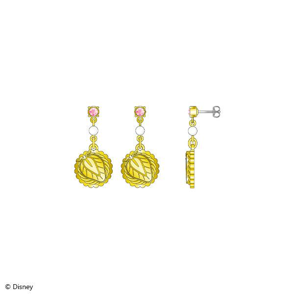 Illustrated front, back, and side views of the earrings showing a pink gem, a white bead, and a gold-colored round charm.