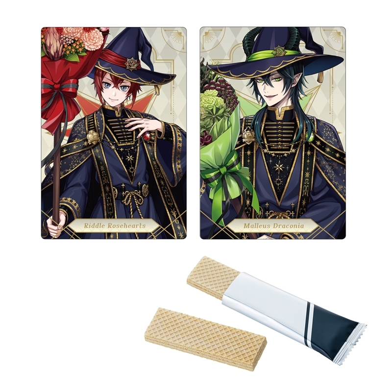 Two illustrated Twisted Wonderland character cards and two wafer biscuits with a partially opened wrapper.
