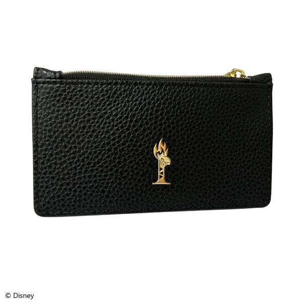 Front view of the 'ディズニー ツイステッドワンダーランド' Valentine's Day fragment case wallet in black synthetic leather with a gold emblem and top zipper.