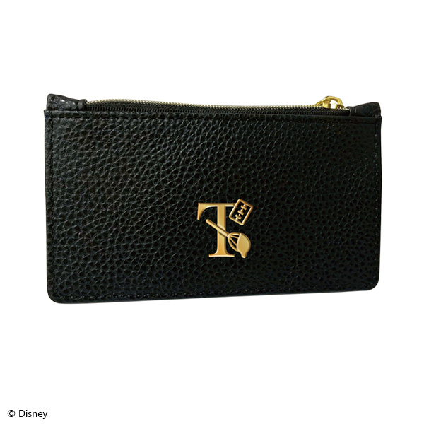 Black textured synthetic leather fragment case pouch with a gold 'T' emblem and a top zipper.