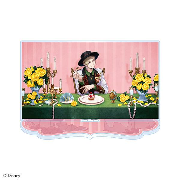 Acrylic stand (La Bonbonniere ver.) showing Vil seated at a decorated table with yellow roses and candles.